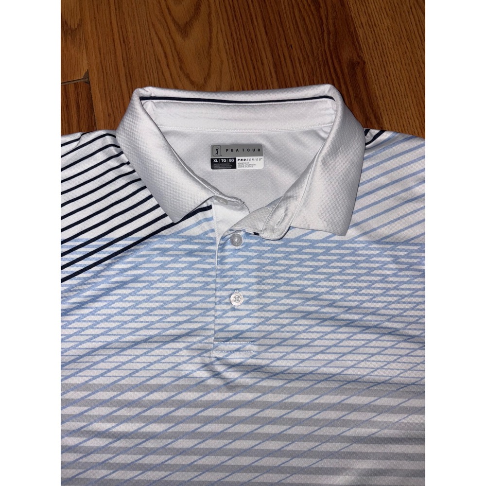 PGA TOUR Pro Series Men's XL Golf Polo Shirt White Blue Stripe Performance‎